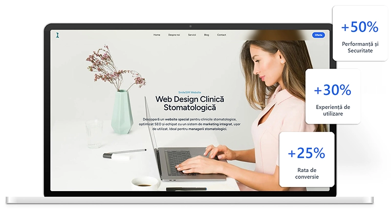 Woman using laptop with premium website for dental clinics, optimized for performance.